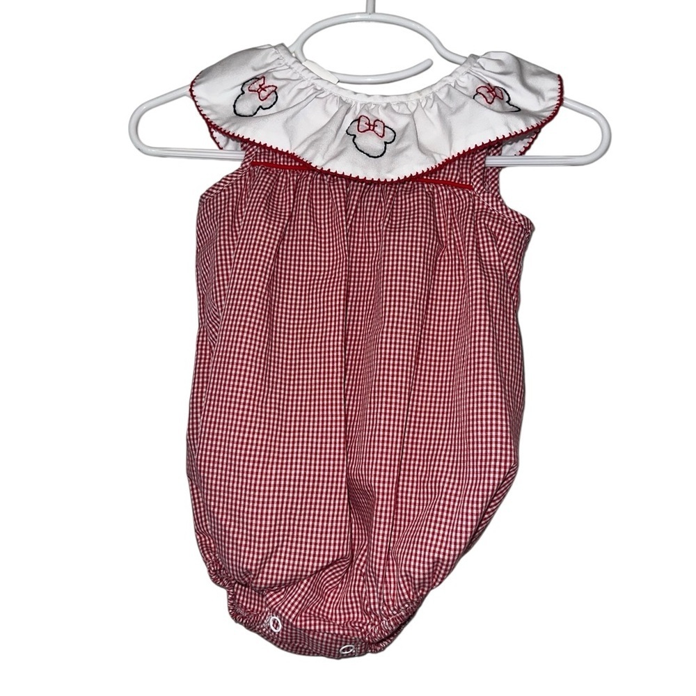 Classic Whimsy Disney Minnie Mouse embroidered collar Red Gingham Baby Romper 3m